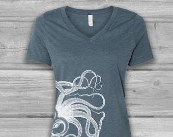 Octopus Shirt Women, V Neck T Shirt, Graphic Tees for Women, Bella Flowy Relaxed Tshirt, Soft Tee