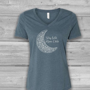 Womens Graphic Tees V Neck, Stay Wild Moon Child Graphic Tee for Women, Wiccan Clothing, Relaxed, Soft Tshirt