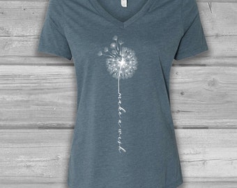 Dandelion Womens V-Neck T-Shirt, Graphic Tee: Bella Flowy Relaxed Fit, Lightweight, Soft