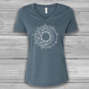 Sun and Moon Womens Graphic Tee: Bella Flowy V-Neck, Relaxed Fit Tee, Soft