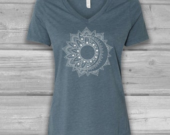 Sun and Moon Womens Graphic Tee: Bella Flowy V-Neck, Relaxed Fit Tee, Soft