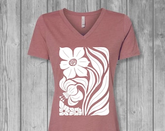 Botanical Flower V Neck Tshirts for Women on a Bella Flowy Top, Cute Botanical Flowers Modern Abstract Print