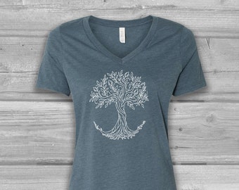 Tree of Life V Neck T-Shirt Women, Screen Print Graphic Tees for Women, VNeck T-shirts, Relaxed, Soft, Stretchy