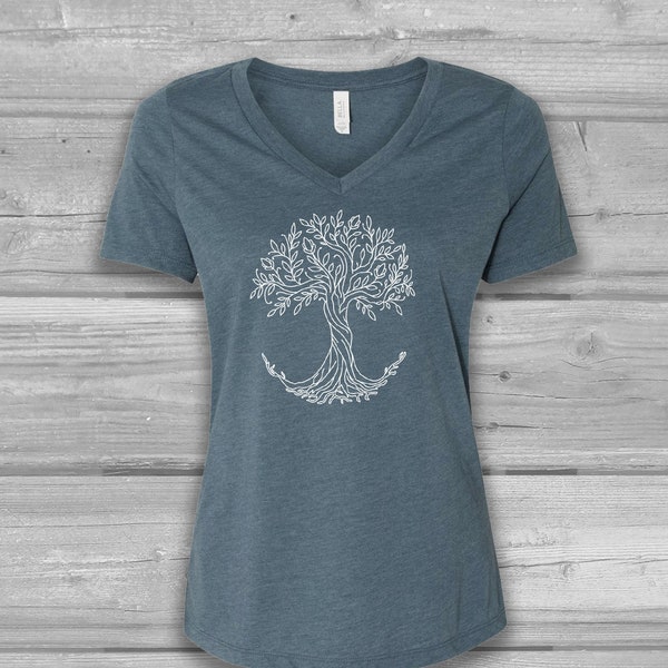 Tree of Life V Neck T-Shirt Women, Screen Print Graphic Tees for Women, VNeck T-shirts, Relaxed, Soft, Stretchy