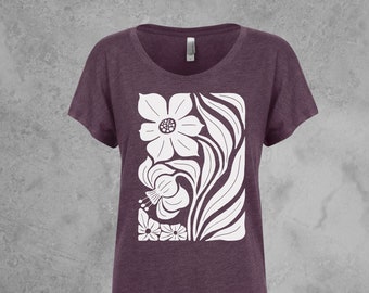 Womens Scoop Neck Tshirts with Flowers, Dolman Tee, Floral Graphic Tee Screen Printed, Purple and Black