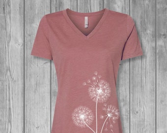 Mauve Dandelion Shirt, V Neck T Shirt Womens Graphic Tees, Light Weight Tshirt, Bella Flowy Relaxed Tshirt, Soft