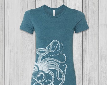 Octopus Shirt Women, Graphic Tees for Women, Fitted Tshirt, Soft and Stretchy Tees, Bella Octopus Tshirt
