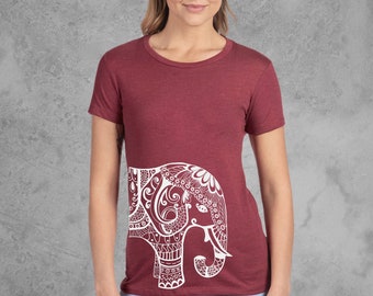 Elephant Shirts for Women, Fitted Tshirt, Maroon Red Graphic Tees for Women, Soft and Stretchy Tshirt, Slim Fit Tshirt