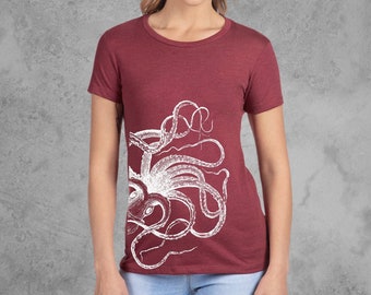 Octopus Shirt Women, Graphic Tees for Women, Maroon Red Fitted Tshirt, Soft and Stretchy Tees, Slim Cut Octopus Tshirt