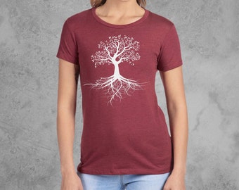 Tree of Life Shirt, Graphic Tees for Women, Maroon Red Womens Tshirts, Slim Cut Tri Blend Soft Stretchy Fitted Tee, Tree with Roots