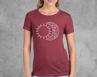 Sun and Moon Shirt, Fitted Tshirts, Maroon Red Graphic Tees for Women, Soft and Stretchy T-shirts, Slim Fit Tees