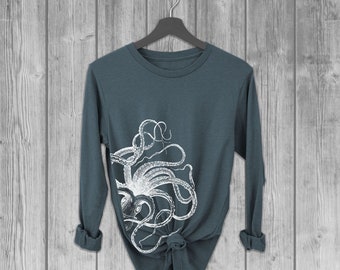 Octopus Long Sleeve Tshirts for Women, Graphic Lightweight T Shirt, Soft Longsleeve Tees, Bella Canvas