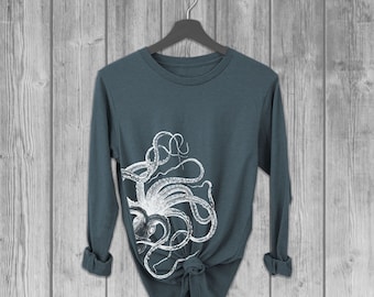 Octopus Long Sleeve Tshirts for Women, Graphic Lightweight T Shirt, Soft Longsleeve Tees, Bella Canvas