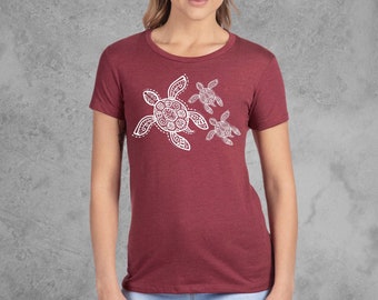Sea Turtle Shirt, Fitted Tees, Graphic Tees for Women, Turtle Shirt, Maroon Red Soft and Stretchy Tshirt