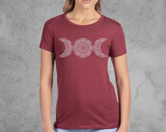 Triple Moon Shirt, Fitted T. shirts, Graphic Tees for Women, Maroon Red Soft and Stretchy Tshirt, Wiccan Tshirt, Slim Fit Tee