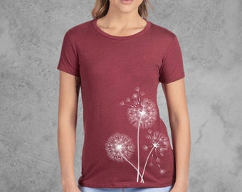 Dandelion Shirt Women, Graphic Tees for Women, Maroon Red Fitted Tshirts Women, Soft and Stretchy Slim Fit Tshirts