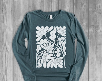 Abstract Flowers Long Sleeve Tshirts for Women, Lotus T Shirt, Modern Botanical Longsleeve Shirt, Unique Chic Tees