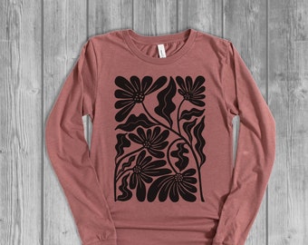 Modern Floral Long Sleeve Tshirts for Women, Lotus T Shirt, Abstract Botanical Longsleeve Shirt, Unique Chic Tees