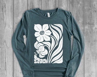 Artistic Flowers Long Sleeve Tshirts for Women, Lotus T Shirt, Modern Abstract Botanical Longsleeve Shirt, Unique Chic Tees