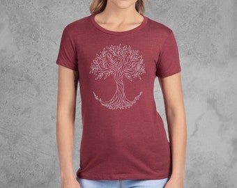 Tree Shirt Women, Tree of Life Tshirt, Maroon Red Graphic Tees for Women, Fitted Tshirt, Soft and Stretchy T shirts, Slim Fit Tees