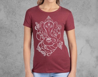 Ganesh TShirt, Yoga T Shirt, Ganesha Shirt, Womens Fitted Tees, Maroon Red Graphic Tees Women, Soft, Slim Cut Shirts