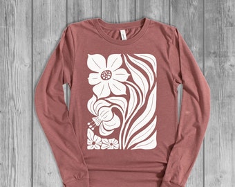 Artistic Floral Long Sleeve Tshirts for Women, Lotus T Shirt, Modern Abstract Longsleeve Shirt, Unique Boho Tees