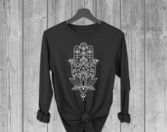 Hamsa Hand Long Sleeve Tshirts for Women, Graphic Lightweight T Shirt, Soft Longsleeve Yoga Tees, Bella Canvas