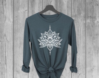 Lotus Flower Long Sleeve Tshirts for Women, Graphic Lightweight T Shirt, Soft Longsleeve Tees, Bella