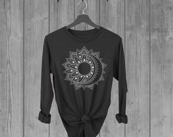 Long Sleeve T Shirts for Women, Moon and Sun Tshirt, Gray Black Long Sleeve Shirt, Graphic Tees