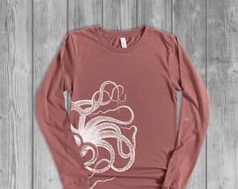 Long Sleeve T Shirts for Women, Octopus Tshirt, Mauve Pink Long Sleeve Shirt, Graphic Tees