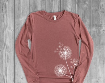 Long Sleeve T Shirts for Women, Dandelion Flowers Tshirt, Mauve Pink Long Sleeve Shirt, Graphic Tees
