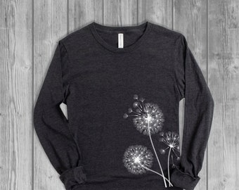 Dandelion Flowers Long Sleeve Tshirts for Women, Graphic Lightweight T Shirt, Soft Longsleeve Tees, Bella Canvas
