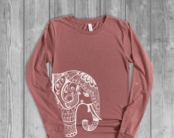 Long Sleeve T Shirts for Women, Ethnic Indian Elephant Tshirt, Mauve Pink Long Sleeve Shirt, Graphic Tees