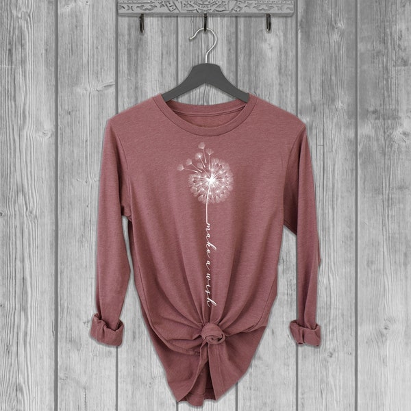 Dandelion Flower Long Sleeve Tshirts for Women, Graphic Lightweight T Shirt, Soft Longsleeve Tees, Make A Wish