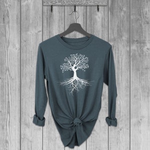 Long Sleeve T Shirts for Women, Tree with Roots Tshirt, Blue Long Sleeve Shirt, Graphic Tees