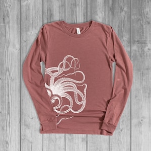 Long Sleeve T Shirts for Women, Octopus Tshirt, Mauve Pink Long Sleeve Shirt, Graphic Tees