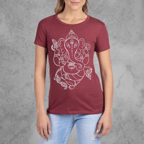 Ganesh TShirt, Yoga T Shirt, Ganesha Shirt, Womens Fitted Tees, Maroon Red Graphic Tees Women, Soft, Slim Cut Shirts