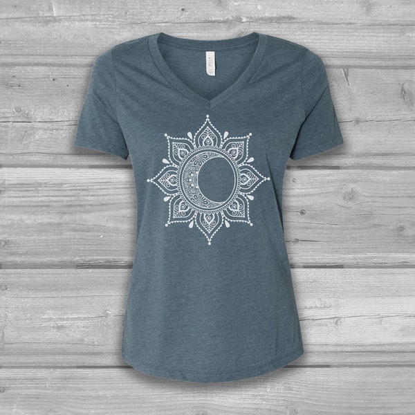 Moon Shirt, V Neck T Shirt Women, Womens Clothing, Sun and Moon Mandala Tshirt, Relaxed, Soft Tshirts