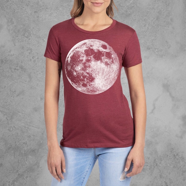 Moon Shirt Women, Full Moon Graphic Tees for Women, Maroon Red Fitted Moon Shirt, Soft and Stretchy T shirts, Slim Fit Tee