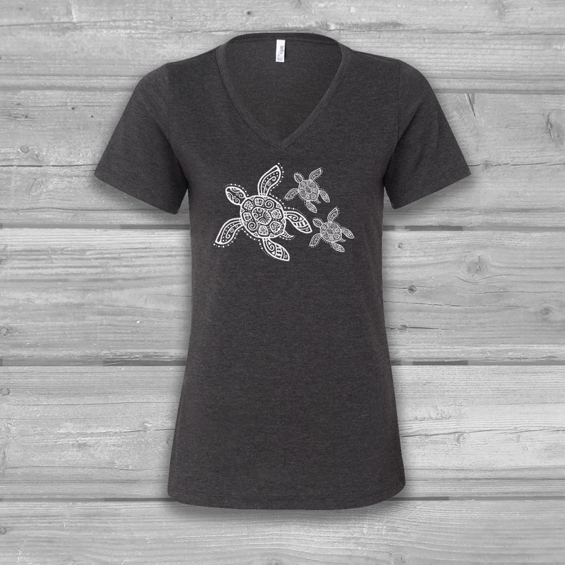 Sea Turtle Shirt, V Neck Turtle Shirt Women, Graphic Tees for Women, Soft and Stretchy Tees, Bella Canvas T-shirts Charcoal Black