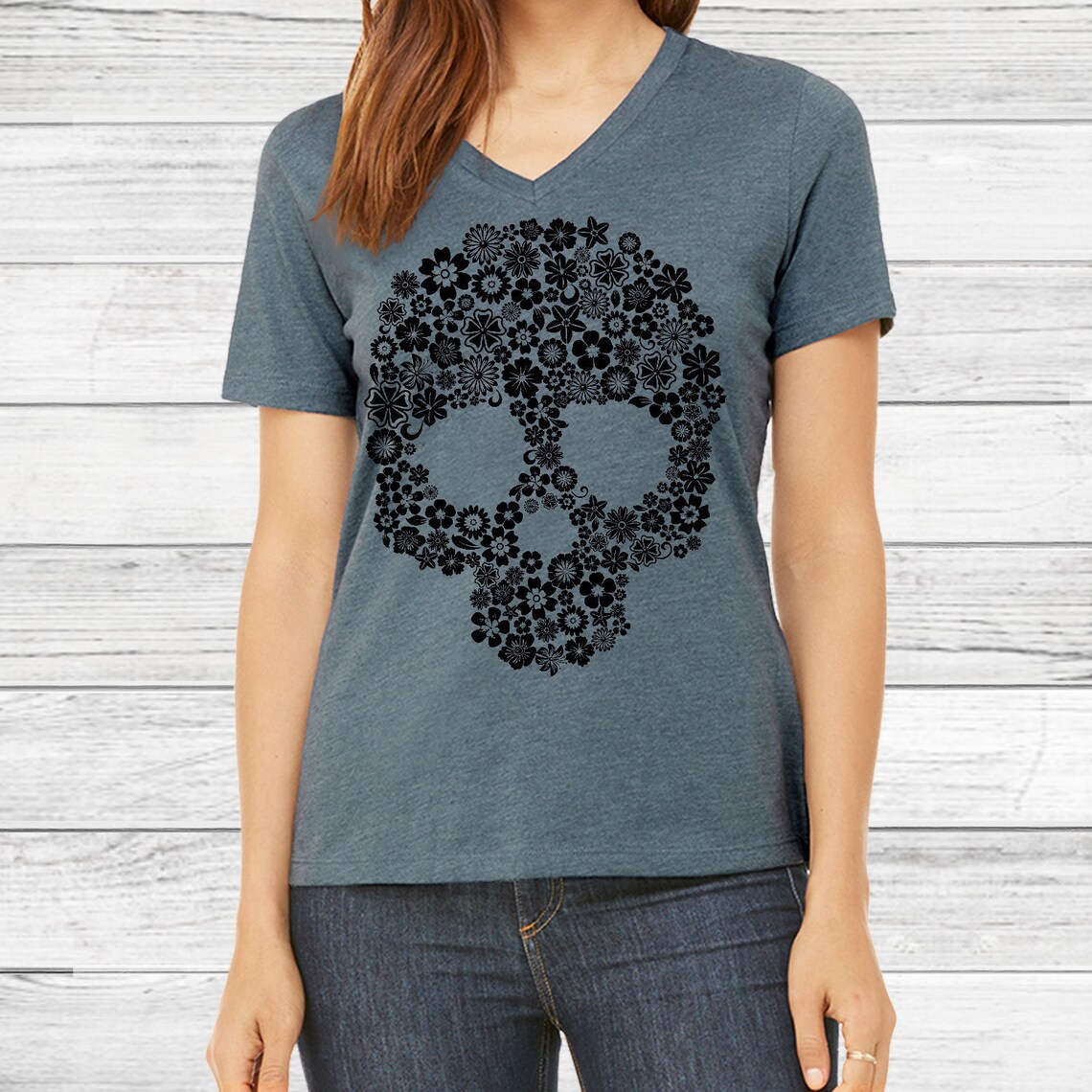 Skull Shirt for Women Sugar Skull V Neck Tshirts Flower Etsy