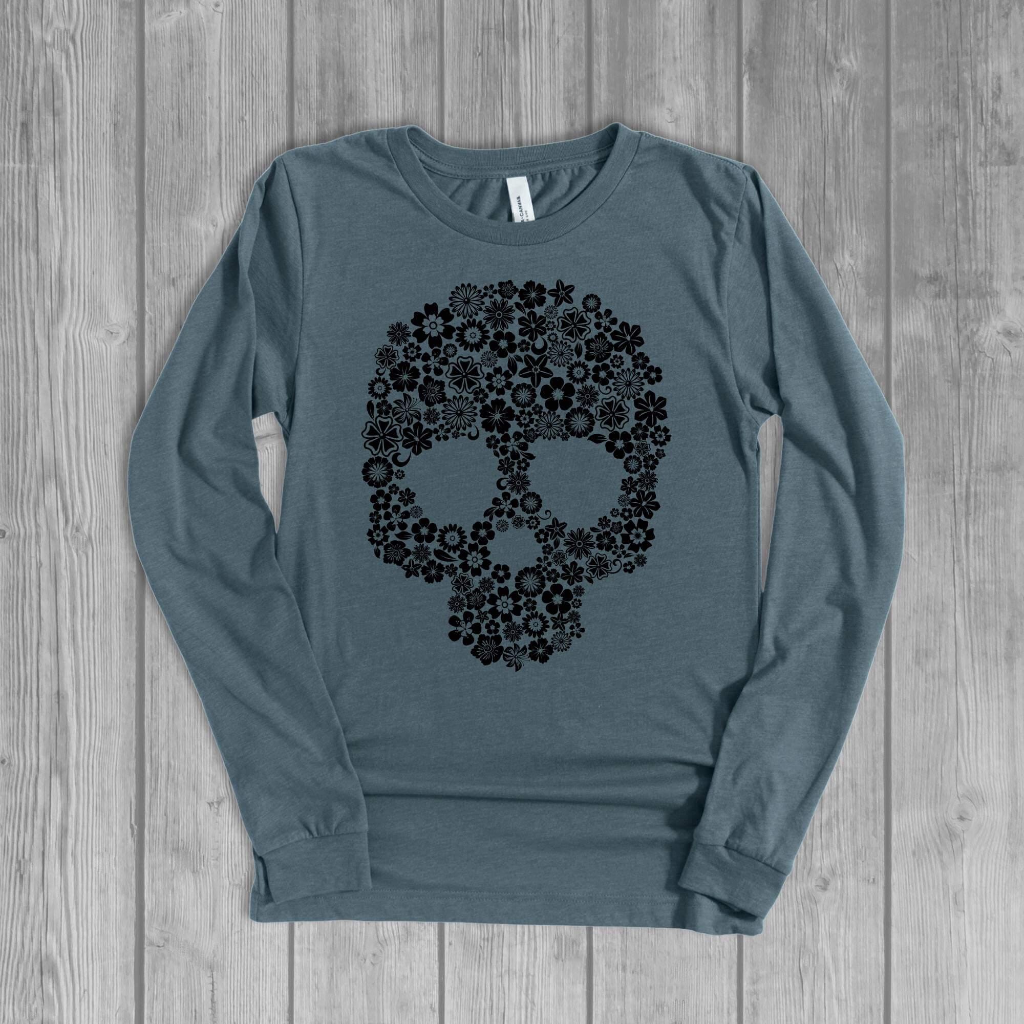 Womens Skull With Flowers Long Sleeve Graphic T-shirt, Bella 