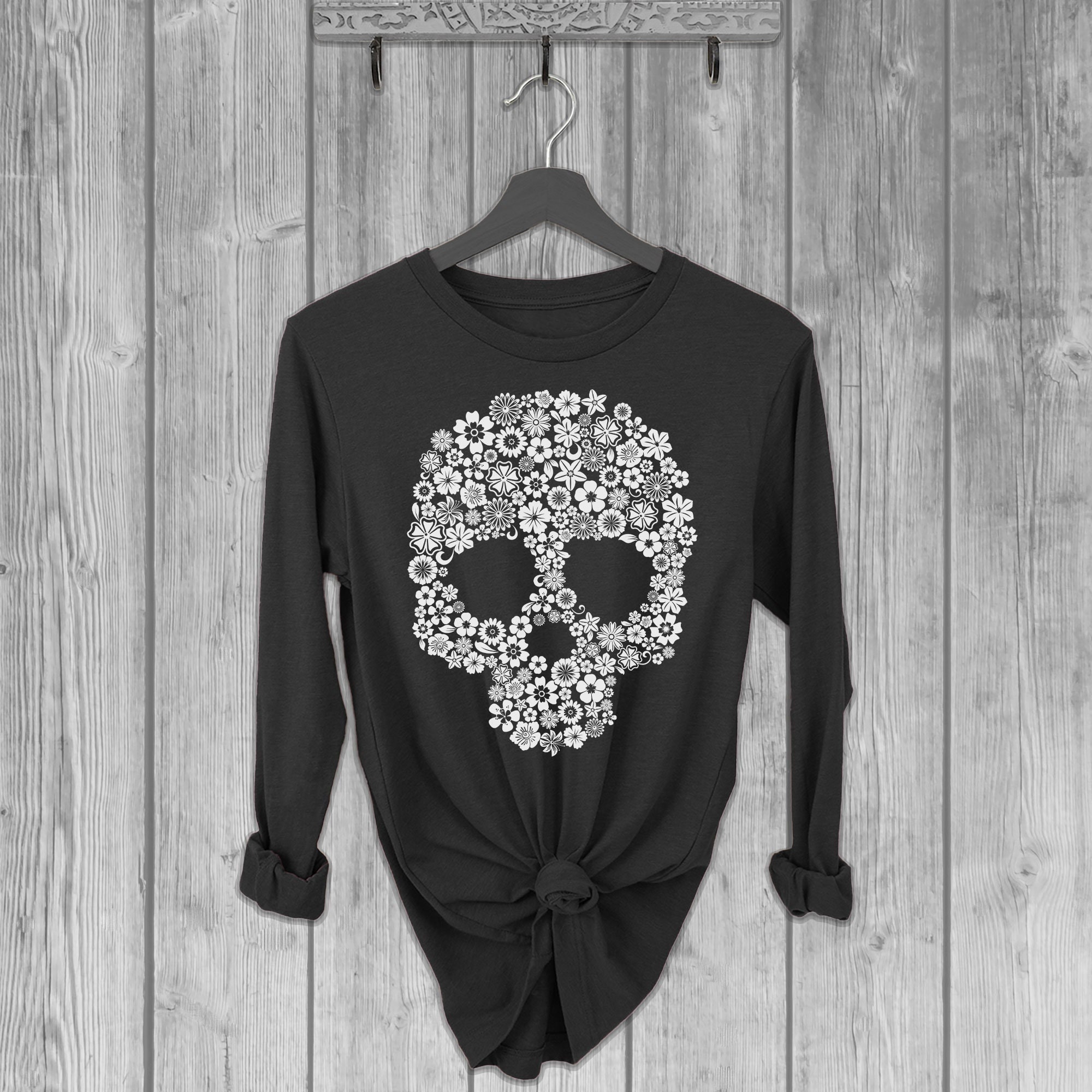 Skull With Flowers Long Sleeve Tshirts for Women Graphic Etsy