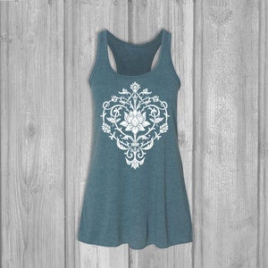 Womens Tank Tops Lotus Tank Tops for Women, Boho Bella Flowy Tanks, Floral Racerback Tank Teal (white)