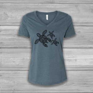 Sea Turtle Shirt, V Neck Turtle Shirt Women, Graphic Tees for Women, Soft and Stretchy Tees, Bella Canvas T-shirts Slate Blue (black)