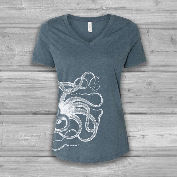 Octopus Shirt Women Screen Print V Neck 