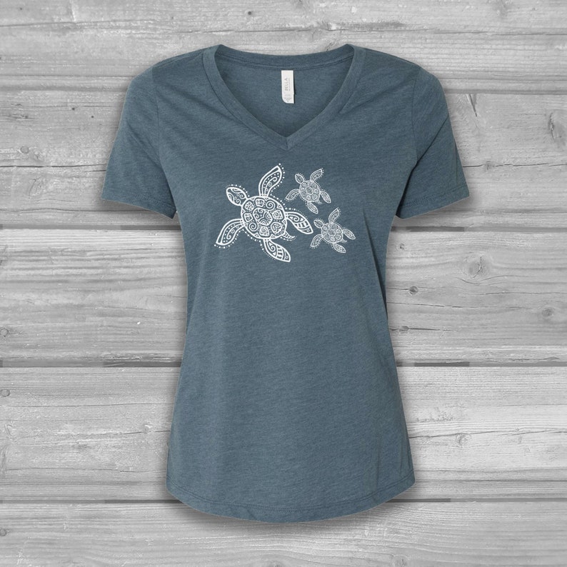 Sea Turtle Shirt, V Neck Turtle Shirt Women, Graphic Tees for Women, Soft and Stretchy Tees, Bella Canvas T-shirts Slate Blue (white)