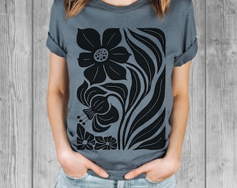 Artistic Floral Tshirts for Women, Modern Chic Cute Cool Tees, Modern Abstract Flower Screen Print on a Bella Relaxed Fit Top