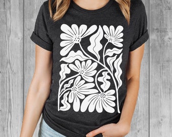 Abstract Flowers Comfy Tshirt for Women, Unique Design Graphic Tees for Women, Botanical Gifts for Her