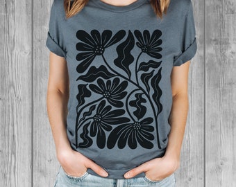 Unique Design Tshirts for Women, Modern Chic Cute Cool Tees, Modern Floral Screen Print on a Bella Relaxed Fit Top